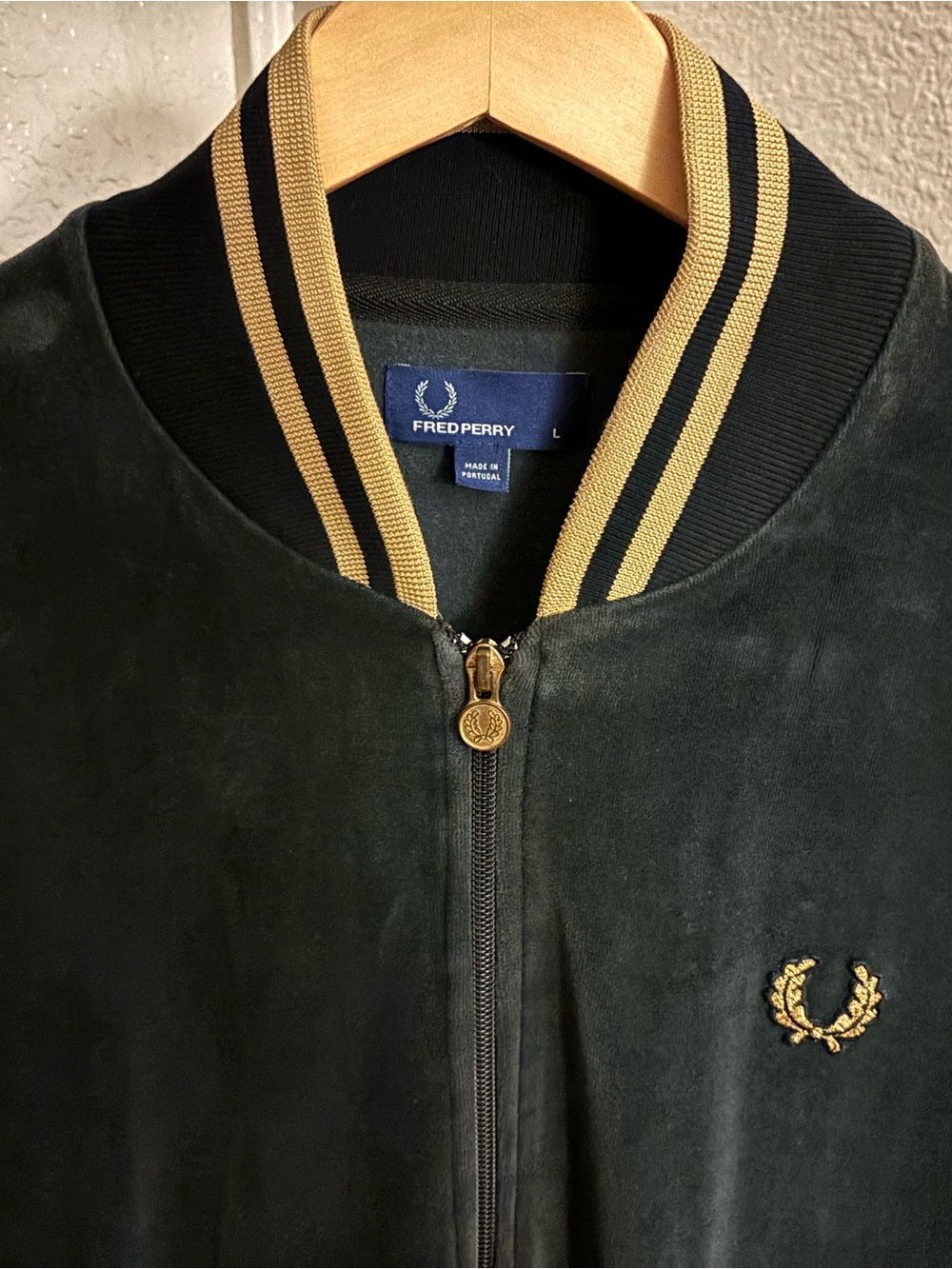 Fred Perry Green Suede Bomber Jacket with Gold Accents